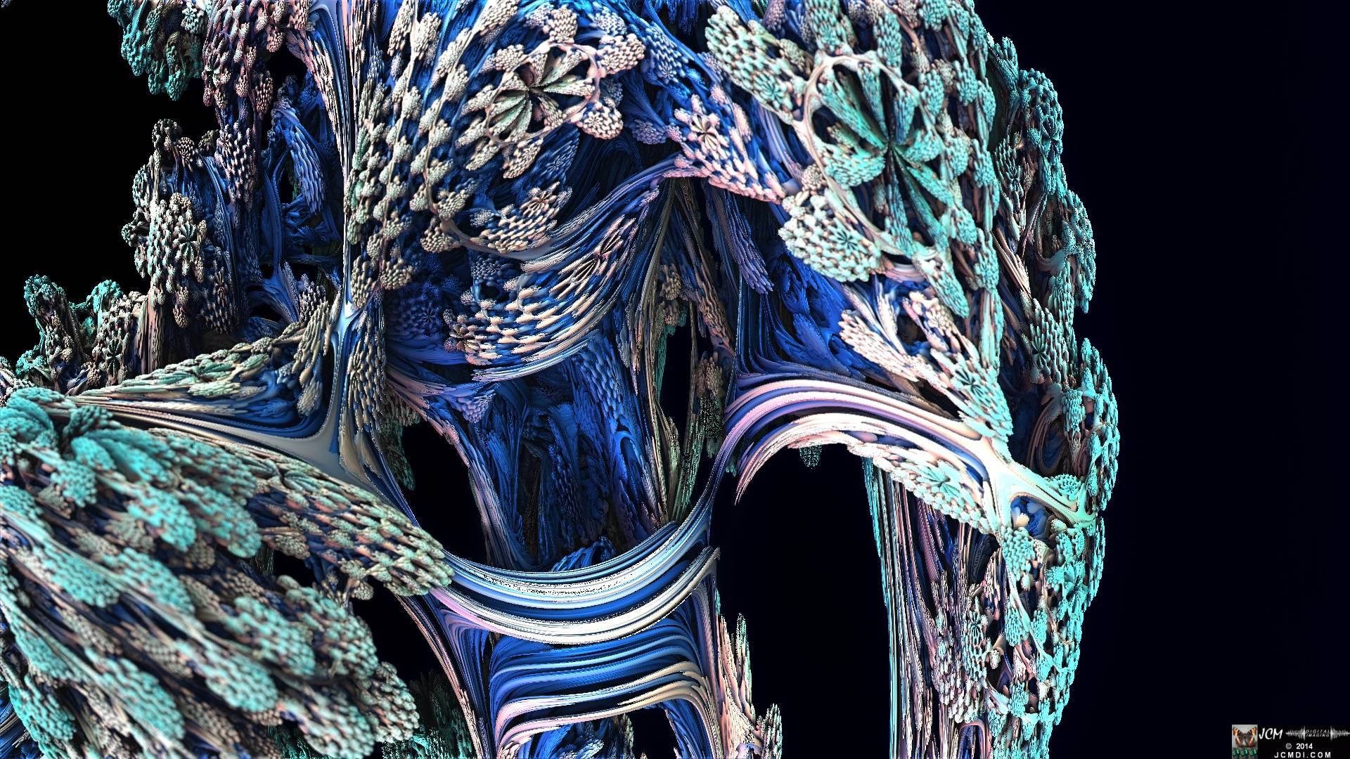 Still image from the JCMDI video Blue Coral on YouTube, rendered with Mandelbulb 3D